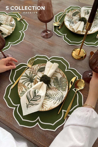 Valeria Design Embroidered Placemat Set - Green Colour Waterproof Fabric - 6 Persons - 18 Pcs.