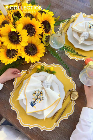 Camila Design Embroidered Placemat Set - Yellow Colour Waterproof Fabric - 6 Persons - 18 Pcs.