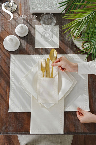 Leafy Allure Cornered Off White Design Placemat Set - Waterproof Fabric - 6 Persons - 24 Pcs. Full Set