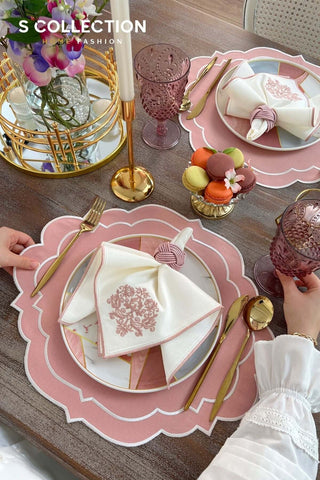 Clara Design Embroidered Placemat Set - Pink Colour Waterproof Fabric - 6 Persons - 18 Pcs.