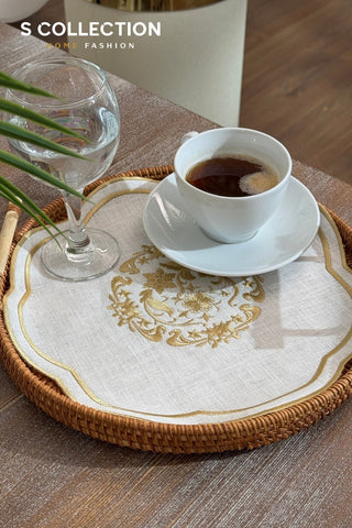 Bouquet Design Tray Cover - %100 Linen Fabric - Gold Embroidered