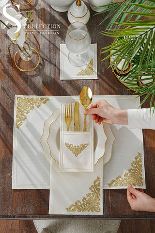 Evelyn Gold Design Placemat Set - Waterproof Fabric - 6 Persons - 24 Pcs. Full Set