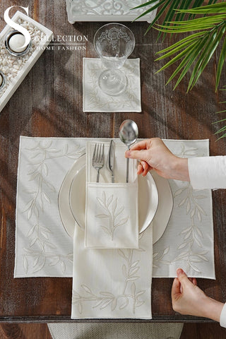 Flower Off White and Silver Design Placemat Set - Waterproof Fabric - 6 Persons - 24 Pcs. Full Set