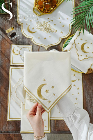 Ramadan Design Gold Stellar Serenity Full Placemat Set - With Bread Basket Napkin and Runner - 6 Persons - 26 Pcs.