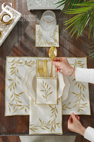 Gold Flower Design Placemat Set - Waterproof Fabric - 6 Persons - 24 Pcs. Full Set