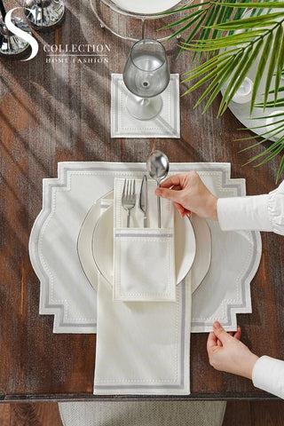 Graceful Silver Design Placemat Set - Waterproof Fabric - 6 Persons - 24 Pcs. Full Set