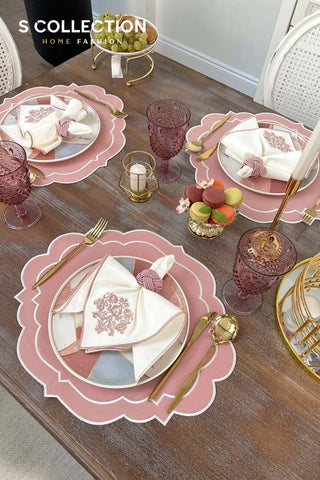 Clara Design Embroidered Placemat Set - Pink Colour Waterproof Fabric - 6 Persons - 18 Pcs.