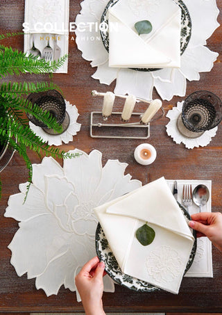 Eloise Off White Design Placemat Set - Waterproof Fabric - 6 Persons - 24 Pcs. Full Set