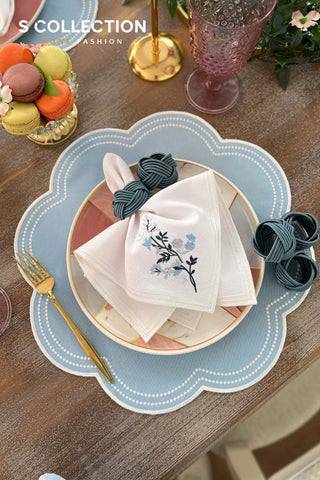 Floria Design Embroidered Placemat Set - Light Blue Colour Waterproof Fabric - 6 Persons - 18 Pcs.