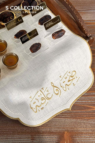 Afia Design Tray Cover - %100 Linen Fabric - Gold Embroidered