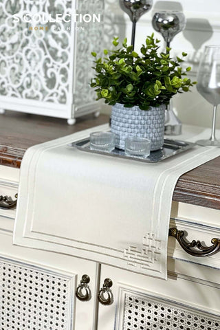 Pyramid Design Runner - Waterproof Fabric - Off White Embroidered