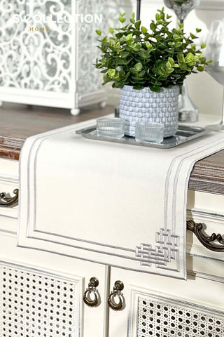 Pyramid Design Runner - Waterproof Fabric - Silver Embroidered