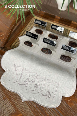 Welcome Design Tray Cover - %100 Linen Fabric - Silver Embroidered