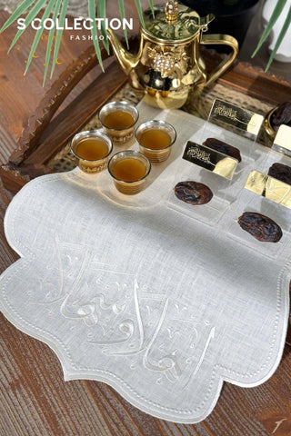 Welcome Design Tray Cover - %100 Linen Fabric - Off White Embroidered