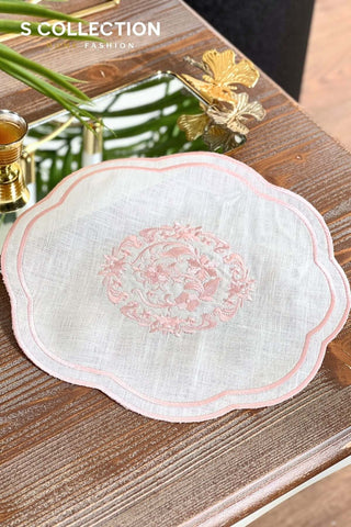 Bouquet Design Tray Cover - %100 Linen Fabric - Pink Embroidered