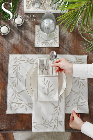 Silver Flower Design Placemat Set - Waterproof Fabric - 6 Persons - 24 Pcs. Full Set