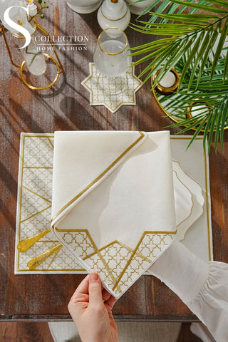 Rimal Gold Design Placemat Set - Waterproof Fabric - 6 Persons - 18 Pcs. Full Set