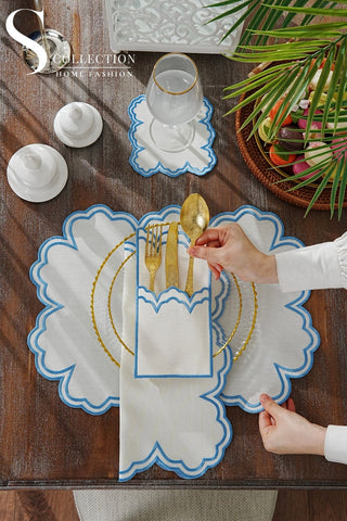 Cloud Design Light Blue Placemat Set - Waterproof Fabric - 6 Persons - 24 Pcs. Full Set