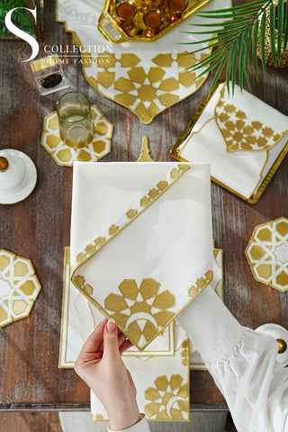 Ramadan Dome Design Gold Full Placemat Set - With Bread Basket Napkin and Runner - 6 Persons - 26 Pcs.