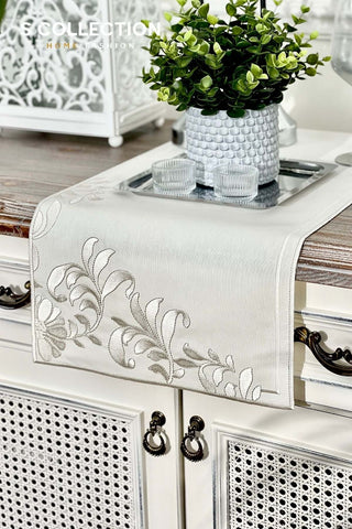 Magnolia Magic Design Runner - Waterproof Fabric - Off White and Silver Embroidered