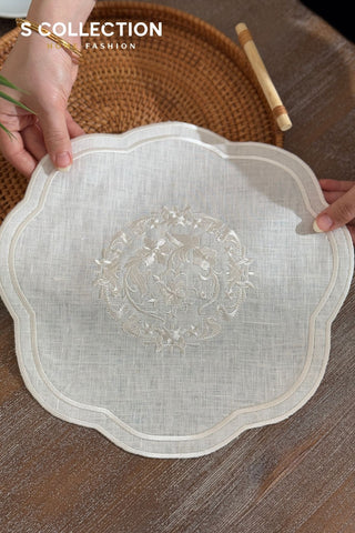 Bouquet Design Tray Cover - %100 Linen Fabric - Off White Embroidered
