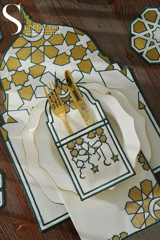 Ramadan Dome Design Green and Gold Placemat Set - Waterproof Fabric - 6 Persons - 24 Pcs. Full Set