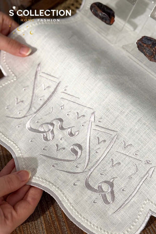 Welcome Design Tray Cover - %100 Linen Fabric - Silver Embroidered