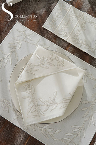 Flower Off White and Silver Design Placemat Set - Waterproof Fabric - 6 Persons - 24 Pcs. Full Set