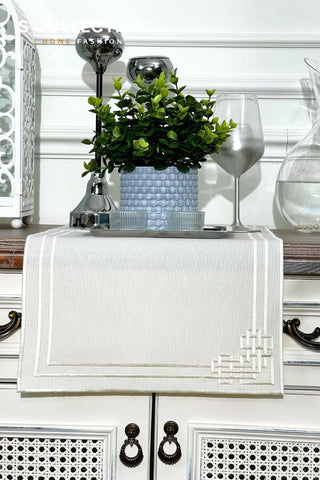 Pyramid Design Runner - Waterproof Fabric - Off White Embroidered