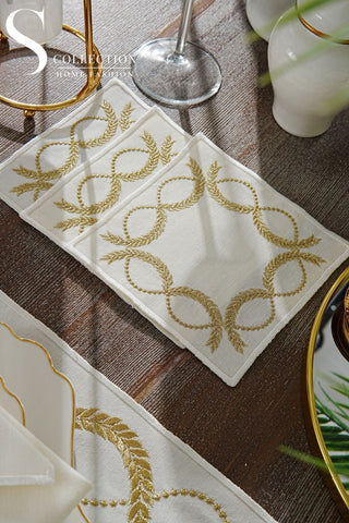 Olive Branch Gold Design Placemat Set - Waterproof Fabric - 6 Persons - 24 Pcs. Full Set