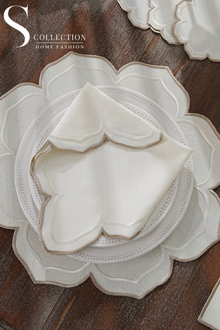 Valeria Off White and Cappuccino Design Placemat Set - Waterproof Fabric - 6 Persons - 24 Pcs. Full Set