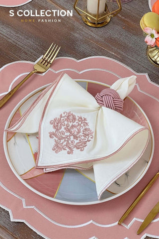 Clara Design Embroidered Placemat Set - Pink Colour Waterproof Fabric - 6 Persons - 18 Pcs.