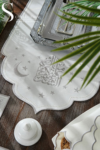 Ramadan Design Silver Chic Full Placemat Set - With Bread Basket Napkin and Runner - 6 Persons - 26 Pcs.