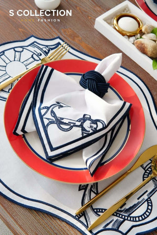 Mariner Design Embroidered Placemat Set - Navy Colour Waterproof Fabric - 6 Persons - 18 Pcs.