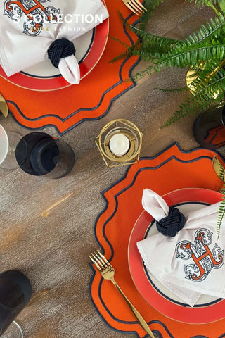 Alpabet H Design Embroidered Placemat Set - Orange Colour Waterproof Fabric - 6 Persons - 18 Pcs.