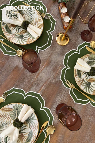 Valeria Design Embroidered Placemat Set - Green Colour Waterproof Fabric - 6 Persons - 18 Pcs.