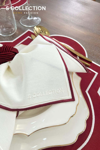 Milan Design Embroidered Placemat Set - Red Colour Waterproof Fabric - 6 Persons - 18 Pcs.