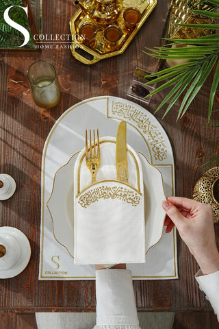 Ramadan Noor Design Placemat and Cutlery Pocket Set - Gold and Off White Embroidery - Waterproof Fabric - 12 pcs (6 Persons)