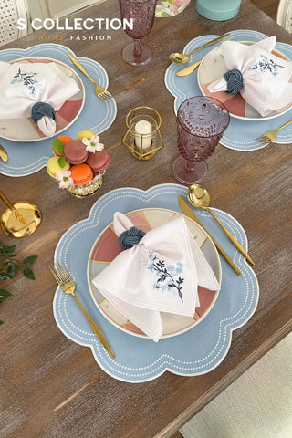 Floria Design Embroidered Placemat Set - Light Blue Colour Waterproof Fabric - 6 Persons - 18 Pcs.