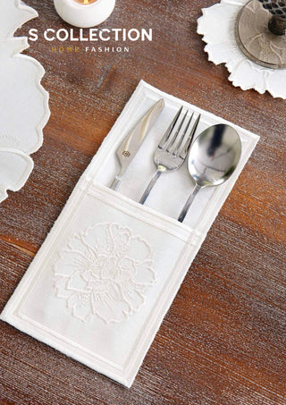 Eloise Off White Design Placemat Set - Waterproof Fabric - 6 Persons - 24 Pcs. Full Set