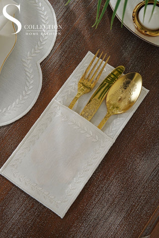 Leafy Allure Off White Design Placemat Set - Waterproof Fabric - 6 Persons - 24 Pcs. Full Set