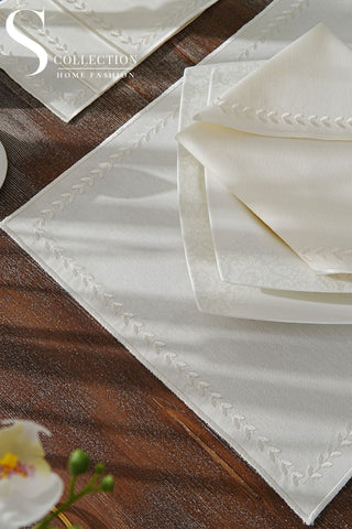 Leafy Allure Cornered Off White Design Placemat Set - Waterproof Fabric - 6 Persons - 24 Pcs. Full Set