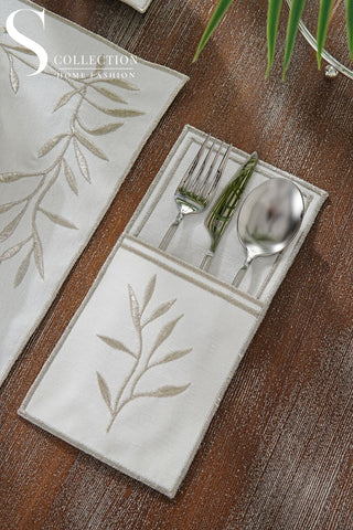 Silver Flower Design Placemat Set - Waterproof Fabric - 6 Persons - 24 Pcs. Full Set