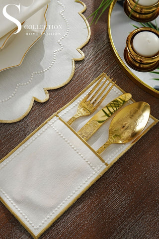 Tansy Gold and Off White Design Placemat Set - Waterproof Fabric - 6 Persons - 24 Pcs. Full Set