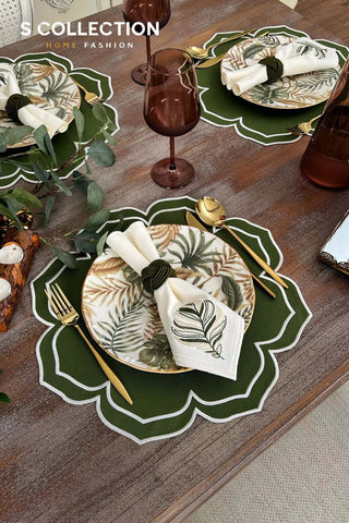 Valeria Design Embroidered Placemat Set - Green Colour Waterproof Fabric - 6 Persons - 18 Pcs.