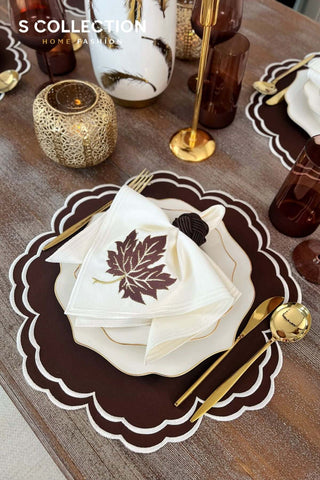 Jory Design Embroidered Placemat Set - Brown Colour Waterproof Fabric - 6 Persons - 18 Pcs.