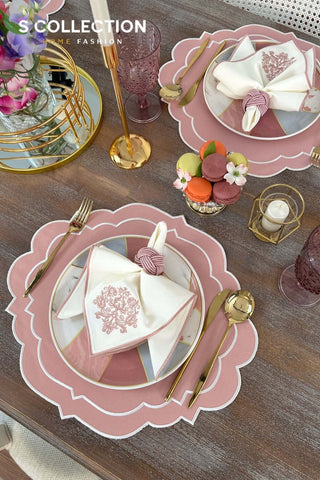 Clara Design Embroidered Placemat Set - Pink Colour Waterproof Fabric - 6 Persons - 18 Pcs.