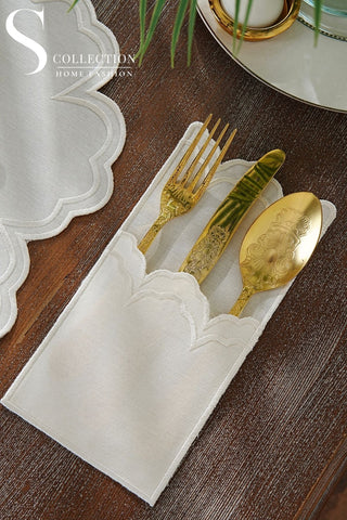 Cloud Design Off White Placemat Set - Waterproof Fabric - 6 Persons - 24 Pcs. Full Set