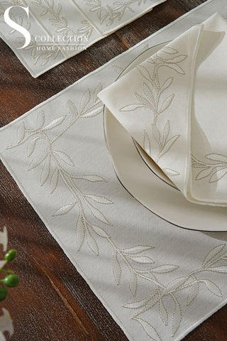 Flower Off White and Silver Design Placemat Set - Waterproof Fabric - 6 Persons - 24 Pcs. Full Set