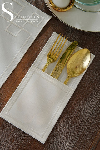 Classy Off White Design Placemat Set - Waterproof Fabric - 6 Persons - 24 Pcs. Full Set